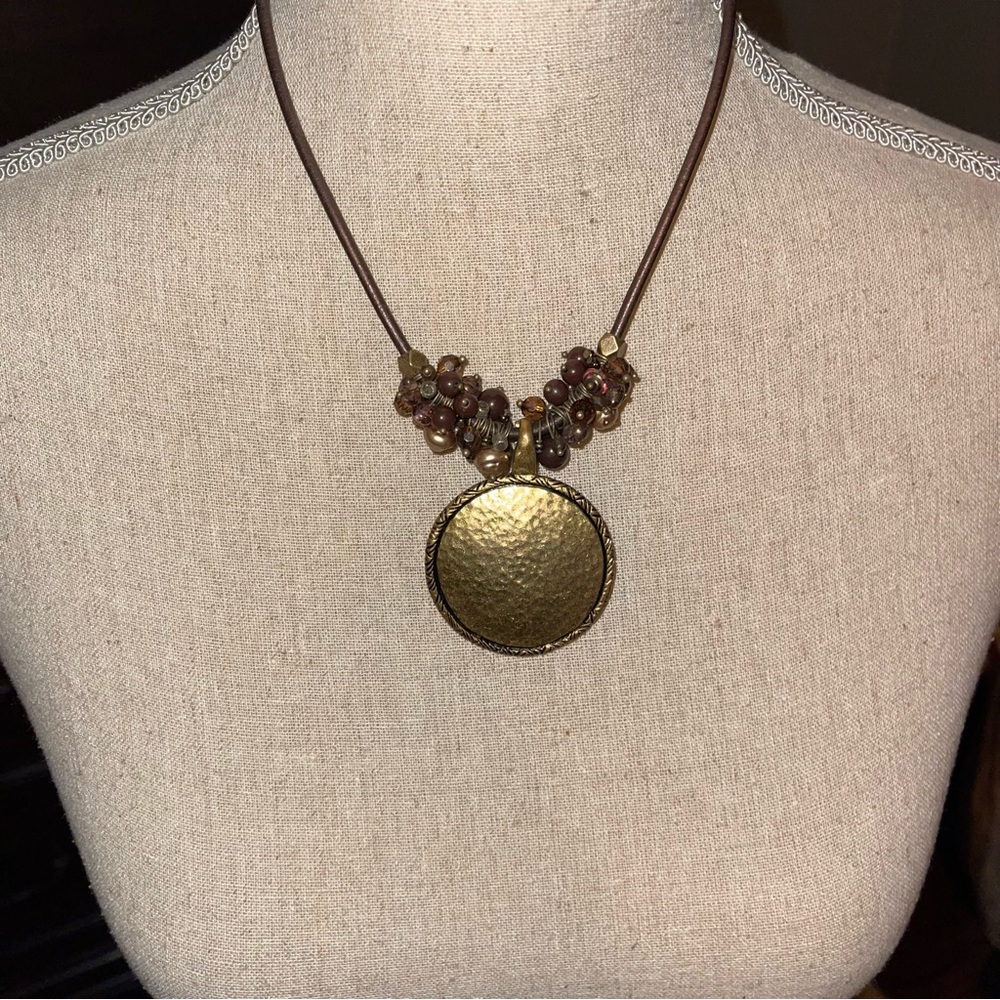 Gold-tone Metal Pendant Beaded Faux Leather Necklace Women’s 10” with Pendant